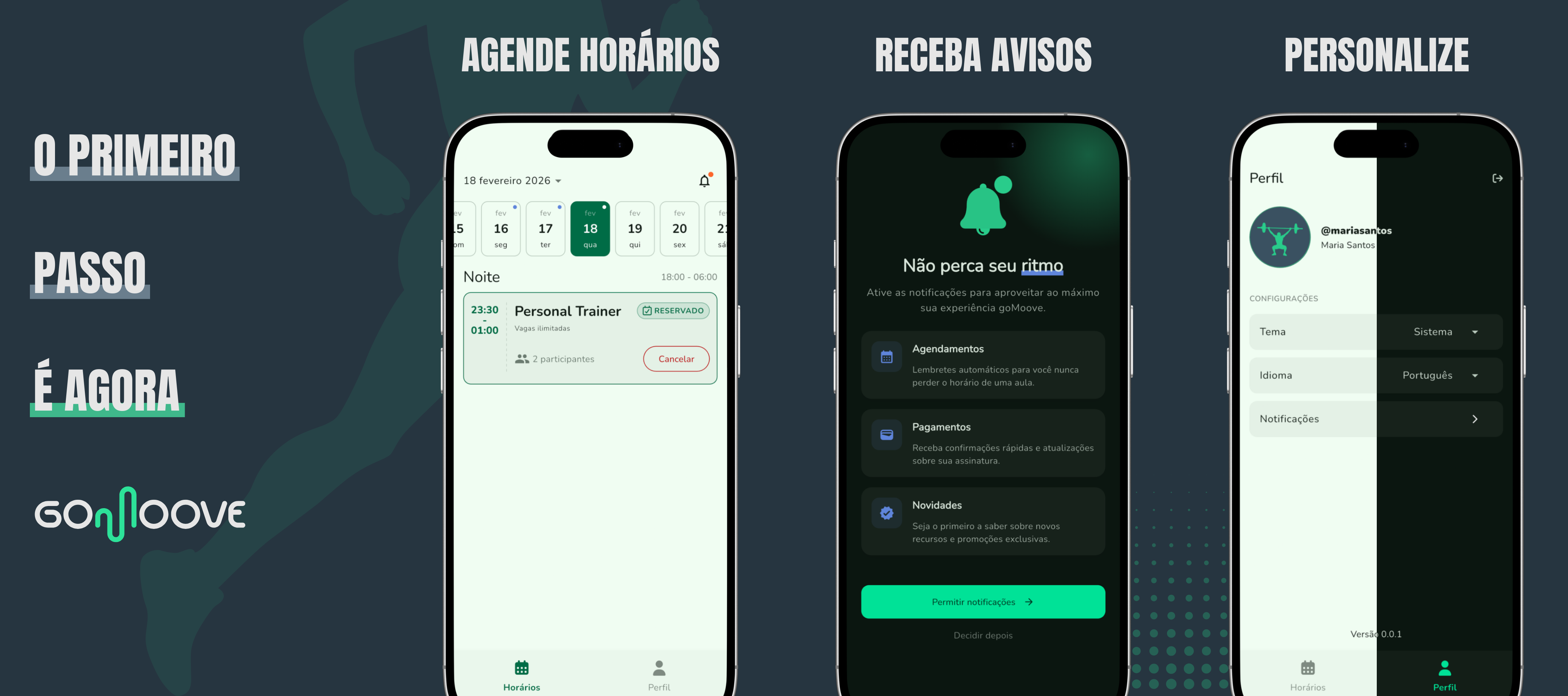 Telas do aplicativo goMoove para alunos: agendamentos, avisos e personalização